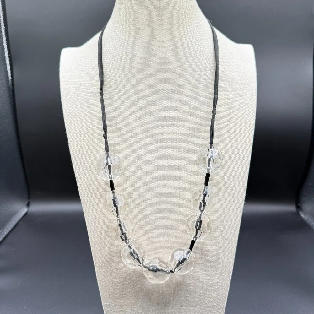 Clear Faceted Bead Necklace Black Ribbon Chunky Lucite Crystal Statement Jewelry